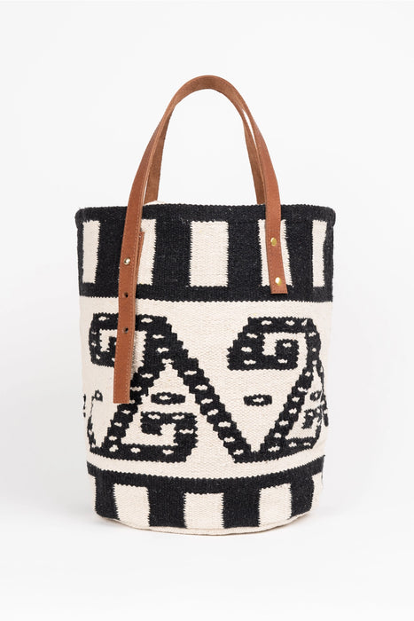 Medallin Shopper Bag with Drawstring Black and White