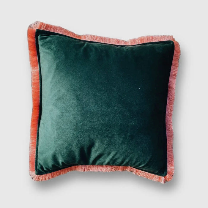 Forest Velvet Cushion with Fringe