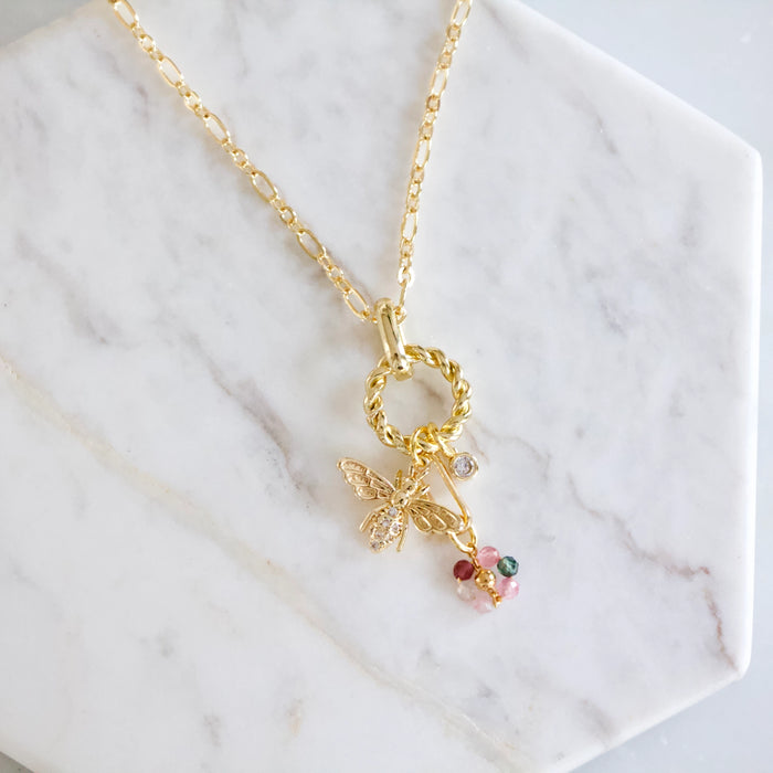 Tourmaline Flower and Bee Charm Necklace