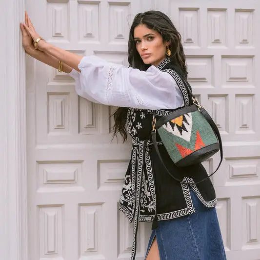 Leather and Fabric Bucket Bag Green