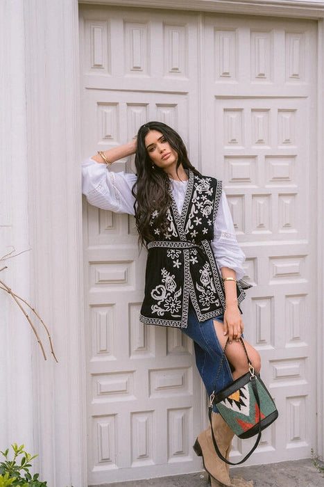 Leather and Fabric Bucket Bag Green