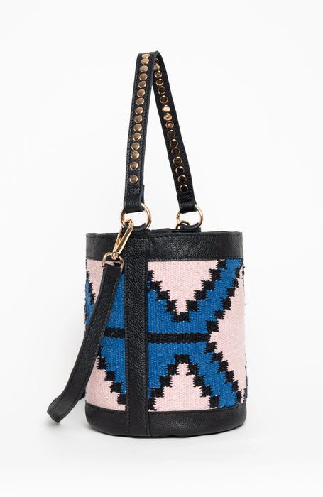 Leather and Fabric Bucket Bag Pink and Blue