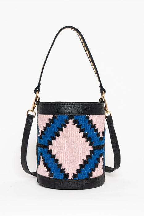 Leather and Fabric Bucket Bag Pink and Blue