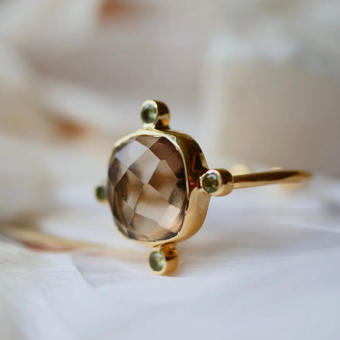 Smoky Quartz and Peridot Gold Plated Ring Adjustable
