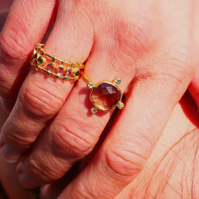 Smoky Quartz and Peridot Gold Plated Ring Adjustable