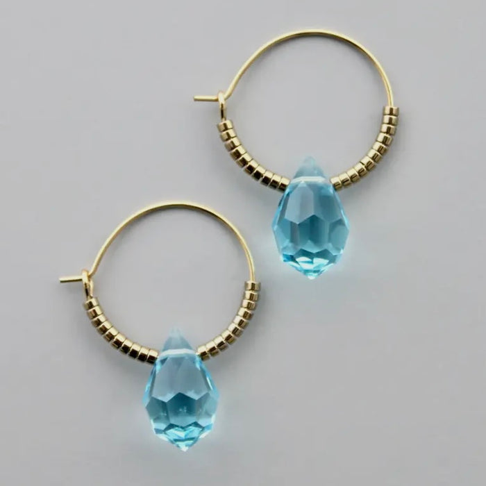 Aqua Glass Gold Plated Hoop Earrings