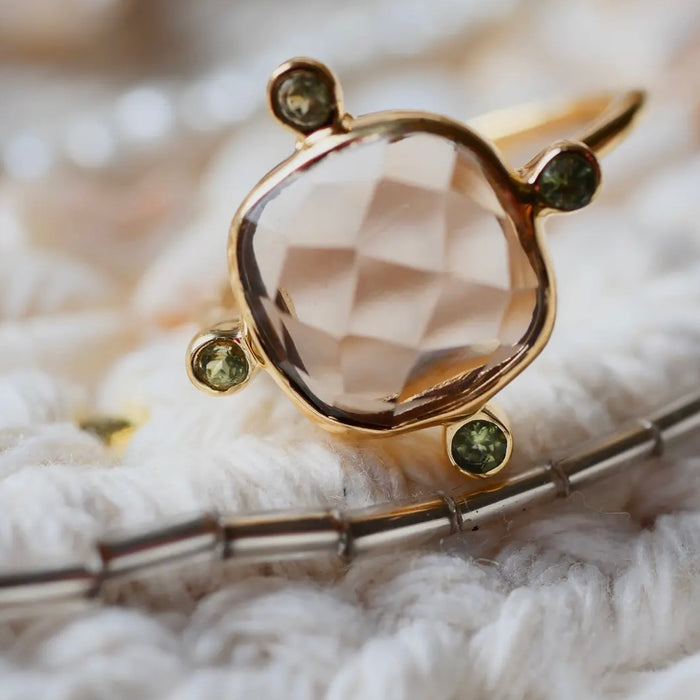 Smoky Quartz and Peridot Gold Plated Ring Adjustable