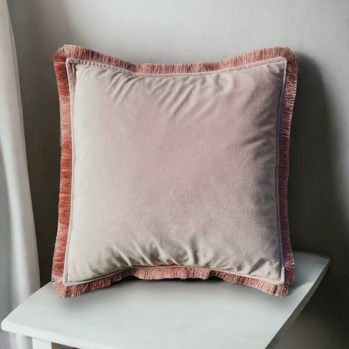Powder Pink Velvet Cushion with Fringe