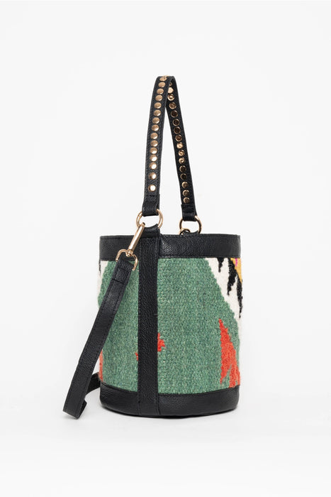 Leather and Fabric Bucket Bag Green