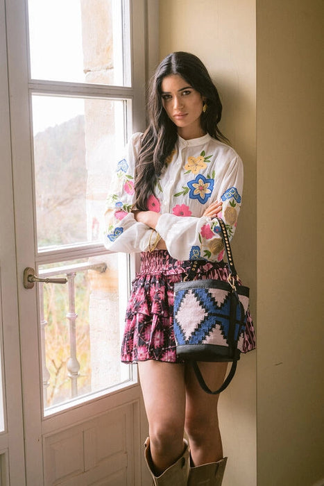 Leather and Fabric Bucket Bag Pink and Blue
