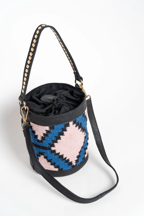 Leather and Fabric Bucket Bag Pink and Blue