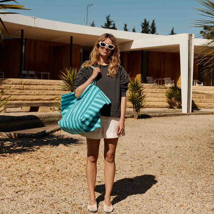 Rose in April Turquoise Stripe Oversize Tote Bag