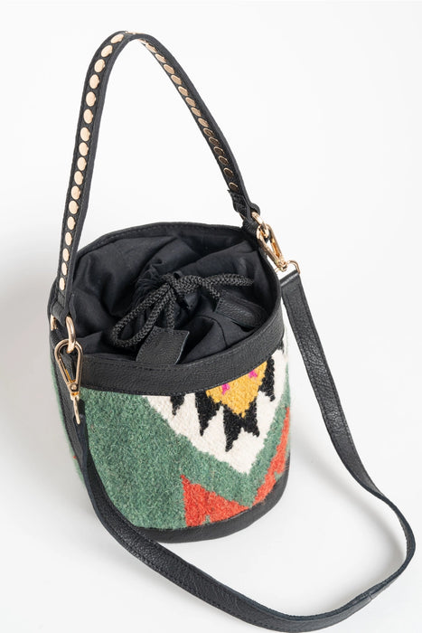 Leather and Fabric Bucket Bag Green