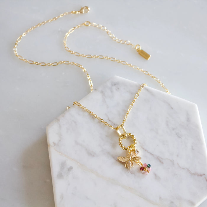 Tourmaline Flower and Bee Charm Necklace