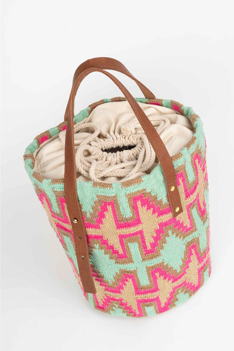 Medallin Shopper Bag with Drawstring Aqua Pink